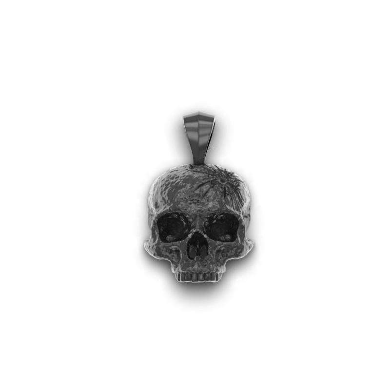 COLGANTE DE PLATA DISEÑO CALAVERA CON DISPARO INCRUSTADO ACABADO EN RODIO NEGRO.